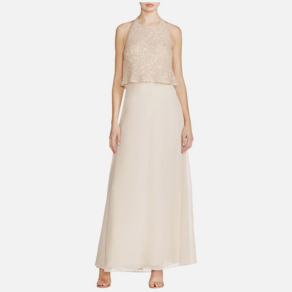 AIDAN MATTOX ~ Beige Chiffon Sequin Popover Halter A-Line Formal Gown Size 4
